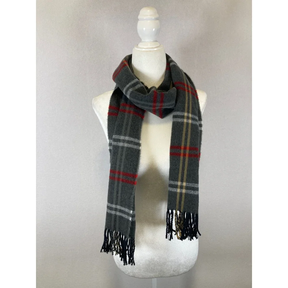 Classic Dark Academia Unbranded Womens OS Grey‎ Red Plaid Fringed Winter Scarf